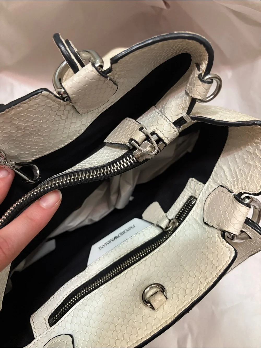 Emporio Armani Ivory Textured Satchel with Top Handles